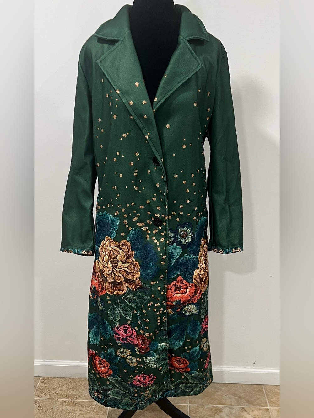 NEW💚Green Floral Long Coat with Gold Dot Accents